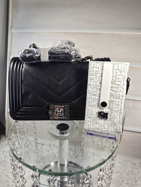 Badgley Mischka Handbags - Badgley Mischka Black Quilted Shoulder Bag with White Logo Pouch
